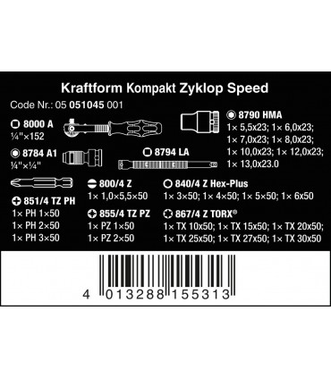 Wera Zyklop Speed KF Kompakt 1/4" Cırcır Lokma Bits Seti 26P 05051045001