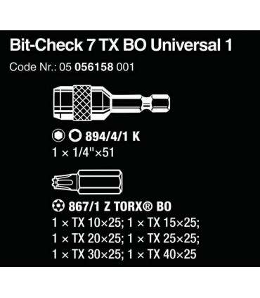 Wera Bit-Check 7 Universal 1 Delikli Torx BO Bits Seti 05056158001