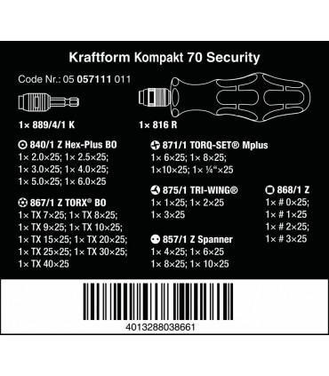 Wera Kraftform Kompakt 71 Tornavida Bits Seti 05057111001