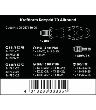 Wera Kraftform Kompakt 70 Tornavida Bits Seti 05057110001