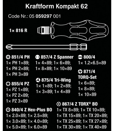 Wera Kraftform Kompakt 62 Tornavida Bits Seti 05059297001