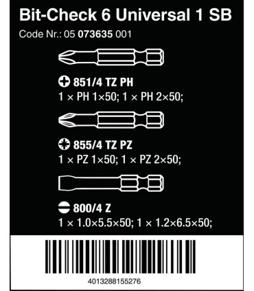 Wera Bit-Check 6 SB Universal 1 PZ/PH/SL Bits Seti 50mm 05073635001