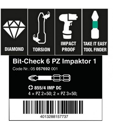 Wera Bit-Check 6 Impaktor Pozidriv Bits Seti 1 05057692001