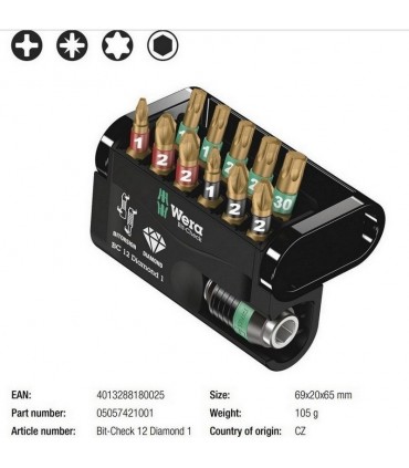 Wera Bit-Check 12 Diamond 1 Bitorsion Bits Seti 05057421001