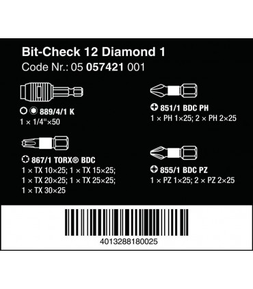 Wera Bit-Check 12 Diamond 1 Bitorsion Bits Seti 05057421001
