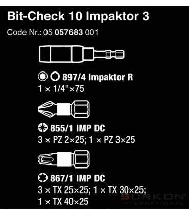 Wera Bit-Check 10 Impaktor Torx Pozidriv Bits Seti 3 05057683001