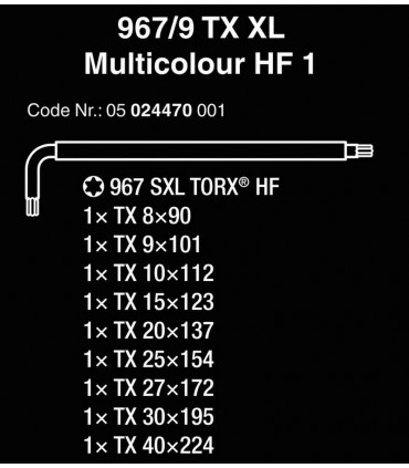 Wera 967/9 XL HF Torx Renkli Allen Anahtar Uzun Set 05024470001