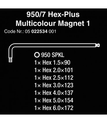 Wera 950/7 SPKL Hexplus Mıknatıslı Topbaş Renkli Alyan Seti 05022534001
