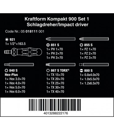 Wera 900 Darbeli Vida Sökücü Keski Tornavida Seti 05018110001