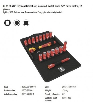 Wera 8100 SB VDE İzole Zyklop Cırcır 3/8" Lokma Seti 05004970001