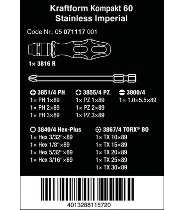 Wera 60 KF Kompakt Tornavida 89mm Bits Seti Imperial 05071117001