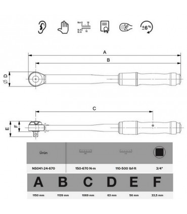 Bahco NS041-32-670 Kıvılcım Çıkarmaz 200-900Nm 1'' Cırcırlı Ayarlanabilir Tork Anahtarı