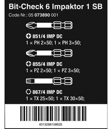Wera Bit-Check 6 SB Impaktor 1 TX/PH/PZ Bits Seti 05073890001